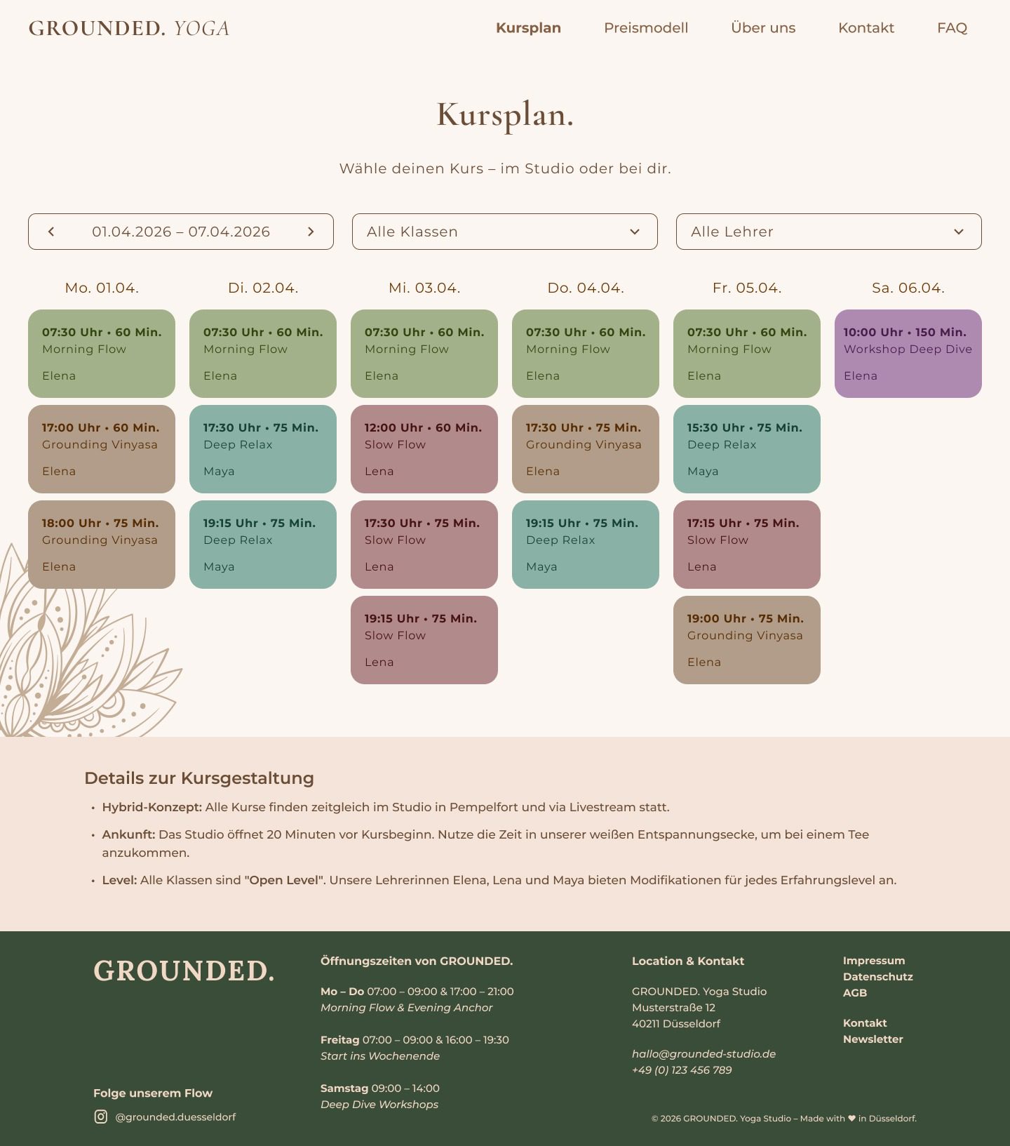 Benutzeroberfläche der Kursplan-Ansicht für die Termin- und Kursverwaltung im Projekt Grounded