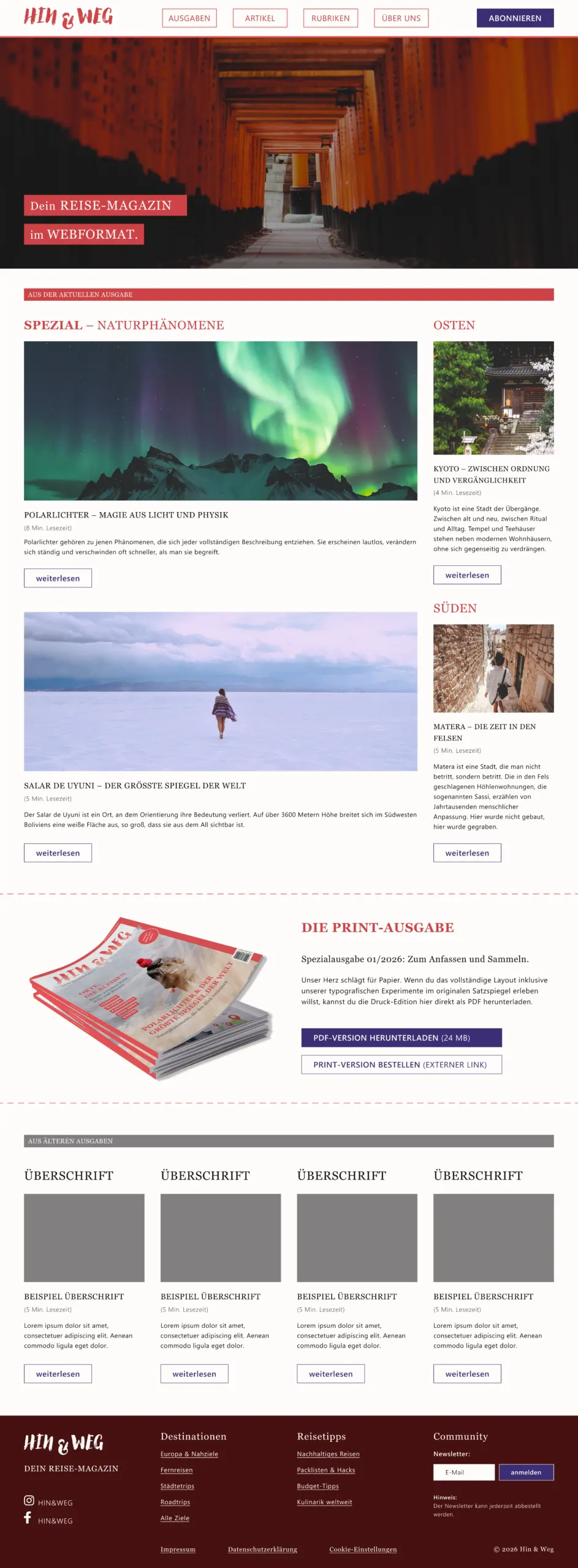 Ansicht der Startseite des digitalen Magazins Hin & Weg auf einem Bildschirm